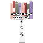 Book Addiction Lover Retractable Badge Reel for ID Card Badge,Glitter Badge Holder Name Tag Accessories for Nurse,Teacher,Office Worker,Nursing Student Alligator Clip
