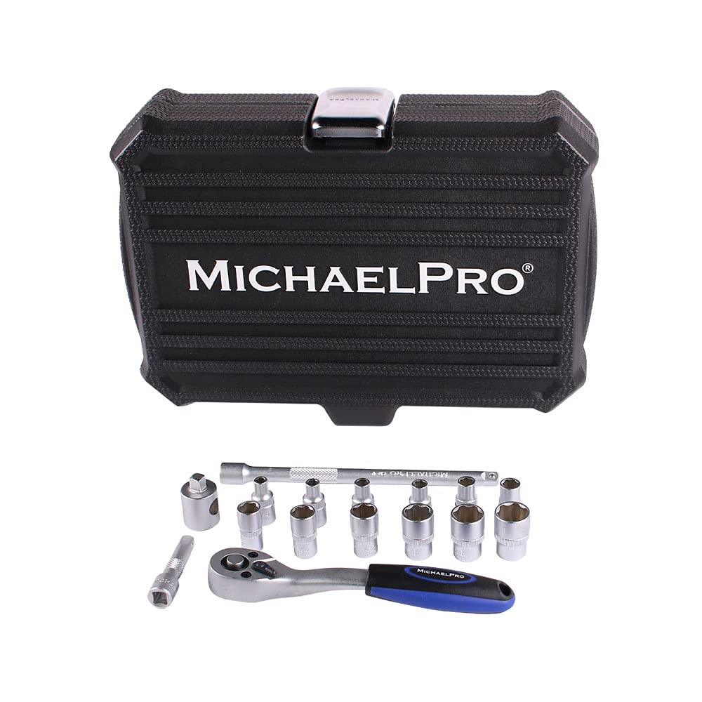 MichaelPro MP005013 16-Piece 1/4 Inch Dr. 72T Ratchet Wrench Socket Set, Metric, Twist Handle, Extension Rods, with Adapter and Storage Case, Made in Taiwan