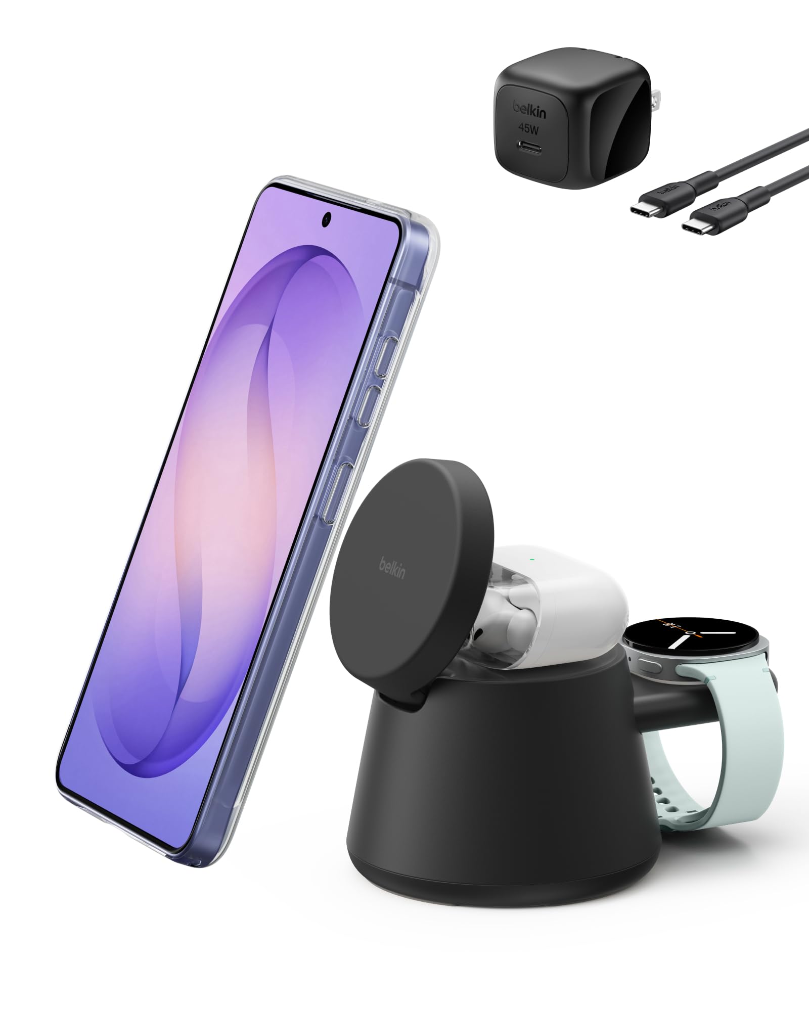 Belkin 3-in-1 Wireless Charging Station for Samsung Galaxy S26, Android - Qi2.2 25W Magnetic Charger for Pixel 10, iPhone 17, USB C Port for Galaxy, Pixel, & Apple Watch (Watch Charger Not Included)