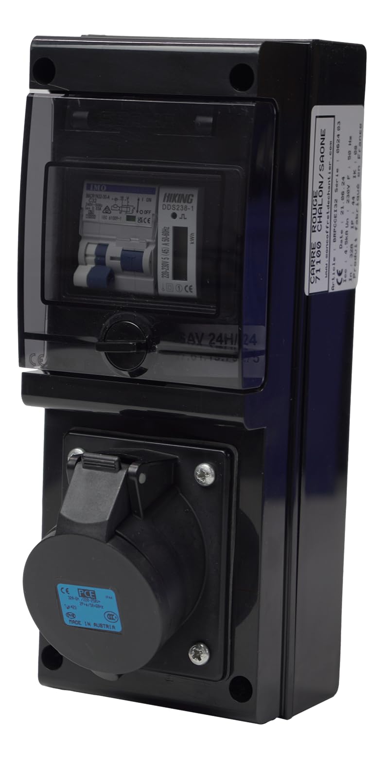 Carré Rouge - Charging Station with European Plug 32A 7KW Complete for Electric Vehicles, Protectors and Meter, IP65, Made in France - 28 x 11 x 9.5 cm