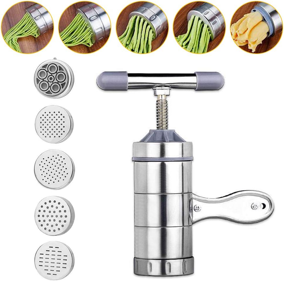 WSTJY Manual Noodle Maker, Portable Stainless Steel Hand Crank Pasta Maker 5 Moulds Noodle Press Machine Spaghetti Making Tools Cutter Fruits Juicer