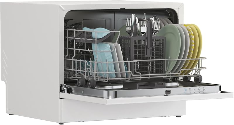 CP 6E51LW Lavavajillas de sobremesa Pequeño y Compacto, 6 Servicios, Digital, 51DBA, 5 Ciclos, Media Carga, Inicio Diferido, Indicador Sal y Abrillantador, Indicador Fin de Ciclo, Blanco