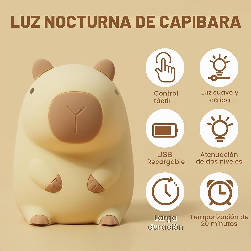 Candeeiro de capibara, candeeiro noturno de capybara fofo para crianças, lâmpadas portáteis USB recarregáveis de 1200mAh para capibara, luz noturna de silicone para crianças com temporizador ajustável — foto 3 de 8
