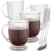 NBABSR Large Ribbed Glass Coffee Mugs Set of 4,16 Oz Clear Espresso Mugs with Spoon, Glass Tea Cups with Handle Diner Latte Cup with Footed Base for Hot Beverages,Cappuccino Cups, Stylish Drinkware