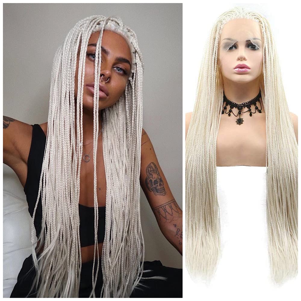 RainaHair Handmade Afro America Box Braided Wig White Blonde Pastel Synthetic Wig for Women 60# Blonde Lace Front Wig Heat Resistant Daily Use 26inches — image 1