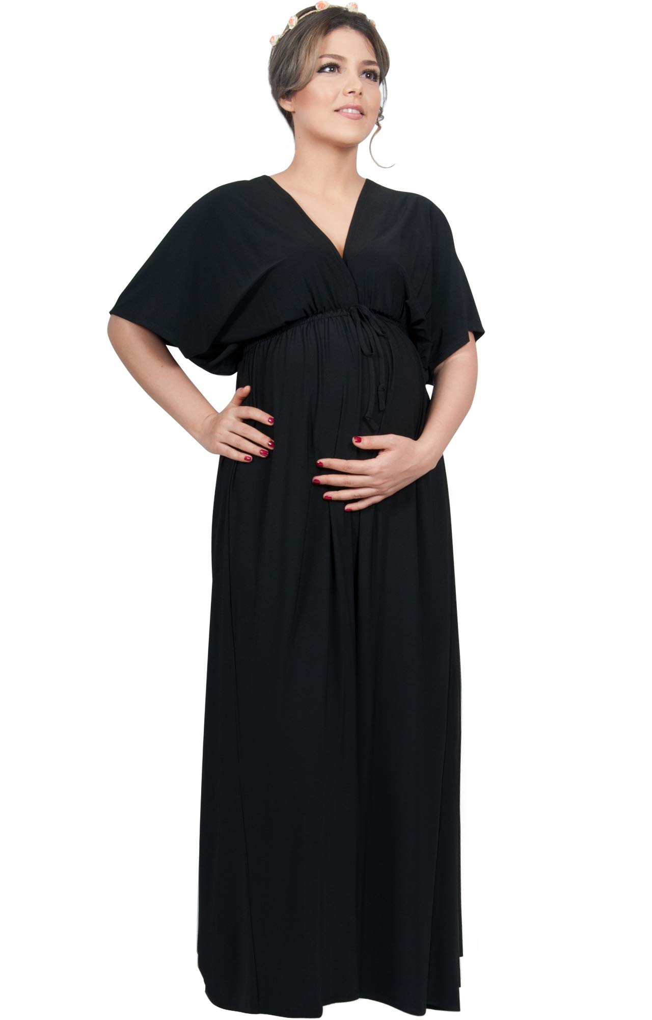 KOH KOH Womens Long Maternity Kimono Sleeve V-Neck Summer Flowy Gown Maxi Dress