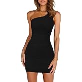 oten Women's Sexy One Shoulder Ruched Bodycon Sleeveless Mini Cocktail Club Party Short Dresses