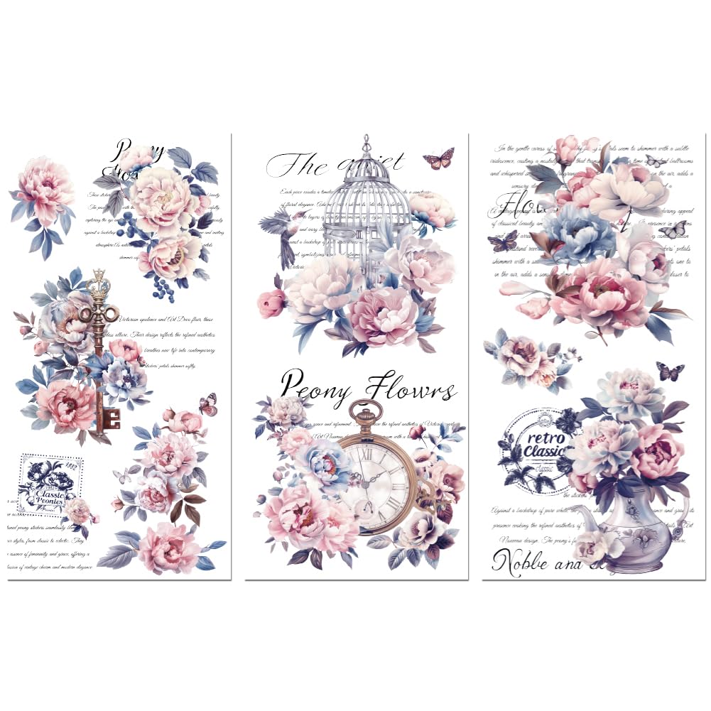 Peacoblue Rub on Transfer Decals for Furniture Crafts Decor 6"x12", 3Pcs Vintage Peonies Waterproof UV DTF Transfer Decals Sticker for Dresser Lingerie Chests Drawer Glass Porcelain Wood Plastic