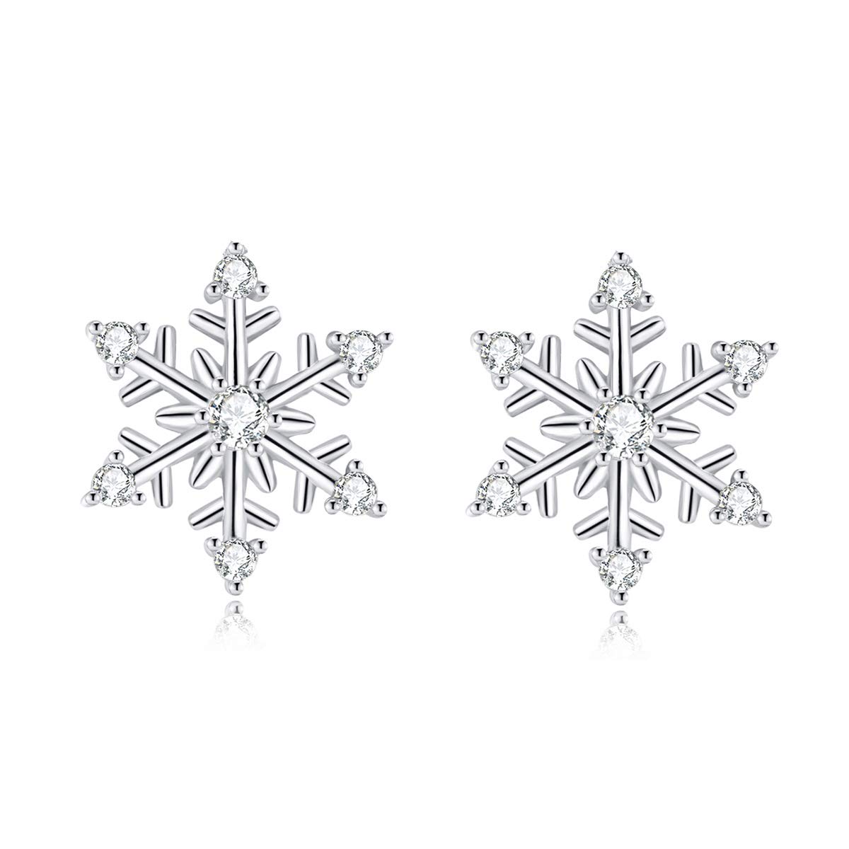 Shuxin Silver Snowflake Stud Earrings for Women, 925 Sterling Snowflake Stud Earrings, with White AAA Cubic Zirconia, Allergy Free Jewellery for Sensitive Ear for Ladies Girls