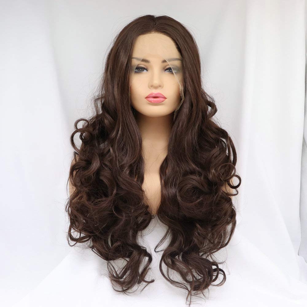RainaHair 26inches Brown Lace Front Wig Natural Looking Chocolate Color Full Head Wig Middle Part Long Body Wave Synthetic Wigs for Women