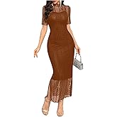 Floerns Women's Contrast Lace Mock Neck Pencil Dress Mesh Short Sleeve Slit Midi Dresses
