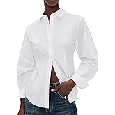 SUNNOW Women's Cinched Waist Shirt Button Placket with Front Slit Long Sleeve Blouse Elegant Office to Weekend Top