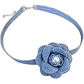 HISYI Choker Necklace Elegant Blue Denims Flower Necklace 3D Flower Collar Chain Lace-up Choker Necklaces Summer Trend Clavicle Chain Jewelry, Length: 33+6cm