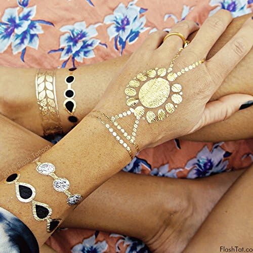 Zahra Flash Tattoos Authentic Metallic Temporary Jewelry Tattoos 4 Sheet Pack (Black/gold/silver) includes over 31 assorted premium eclectic waterproof tattoos