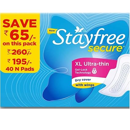 Stayfree Secure XL Ultra Thin Dry Cover Sanitary Pads For Women With Wings, 40 Pads