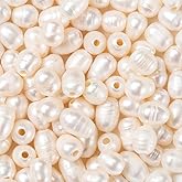Beadthoven 100pcs 7-10mm Natural Freshwater Pearl Beads 1.8mm Big Large Hole Rice Shape White Pearls for Crafting Oval Pearl Beads for Jewelry Making DIY Bracelets Necklaces Leather Cord