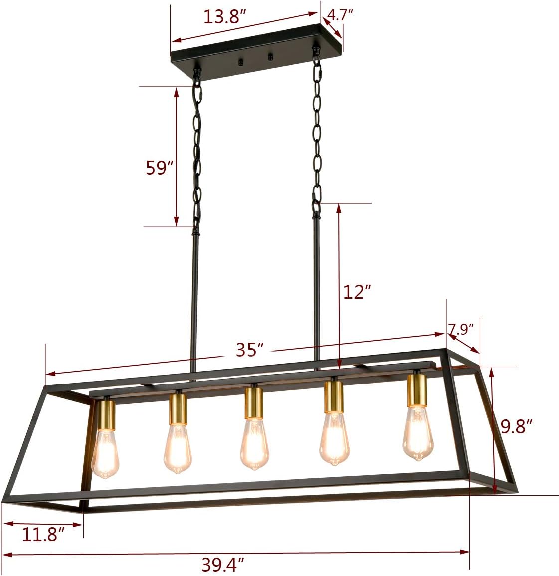 5-Light Kitchen Island Pendant Lighting, Industrial Island Chandelier with Metal Adjustable Chain for Dinning Room Kitchen - - 