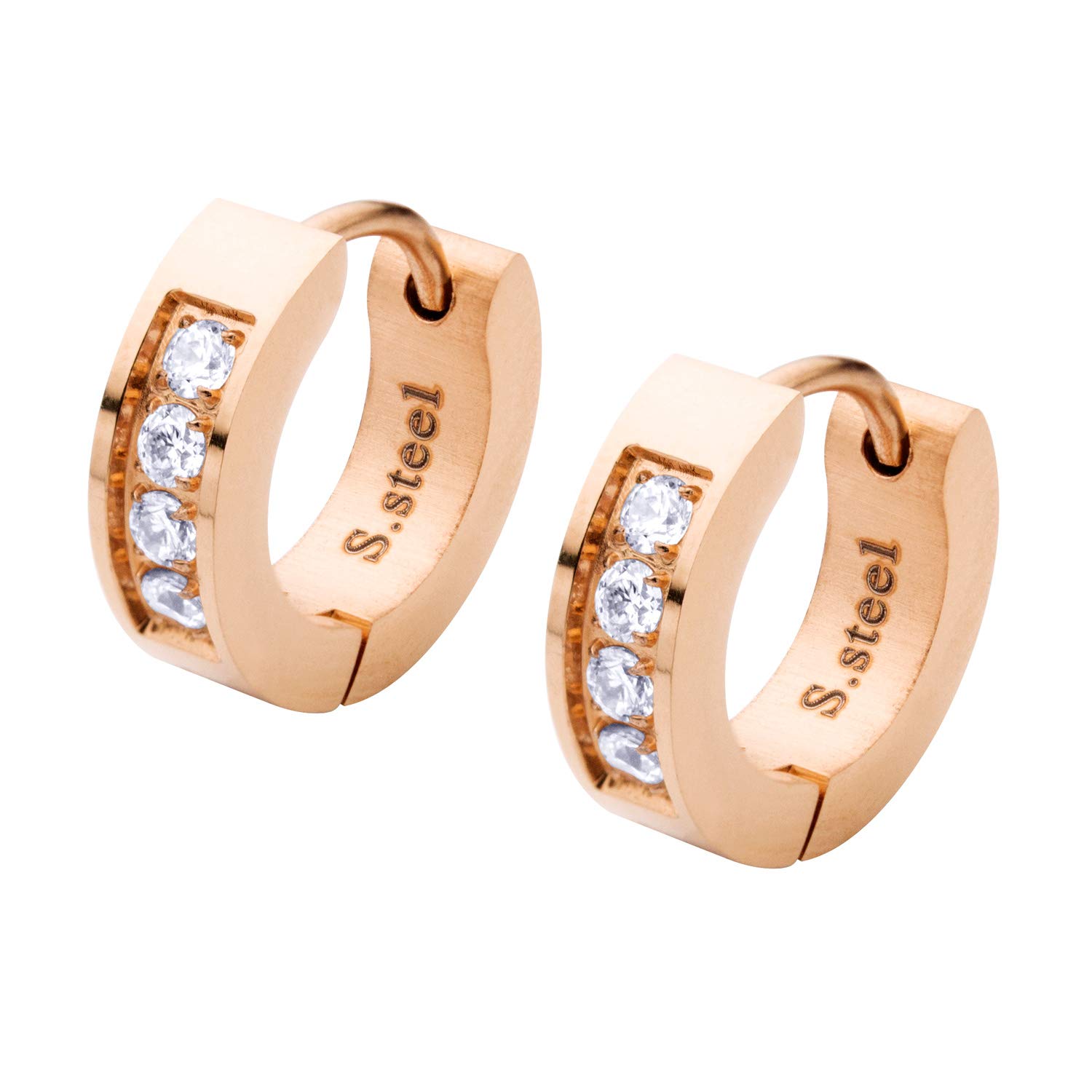 555Jewelry Stainless Steel Thin C Shaped Huggie Cubic Zirconia Earrings for Women, Hoops Earrings for Women, Hypoallergenic Earrings, Open Hoop Earrings for Women, Rose Gold