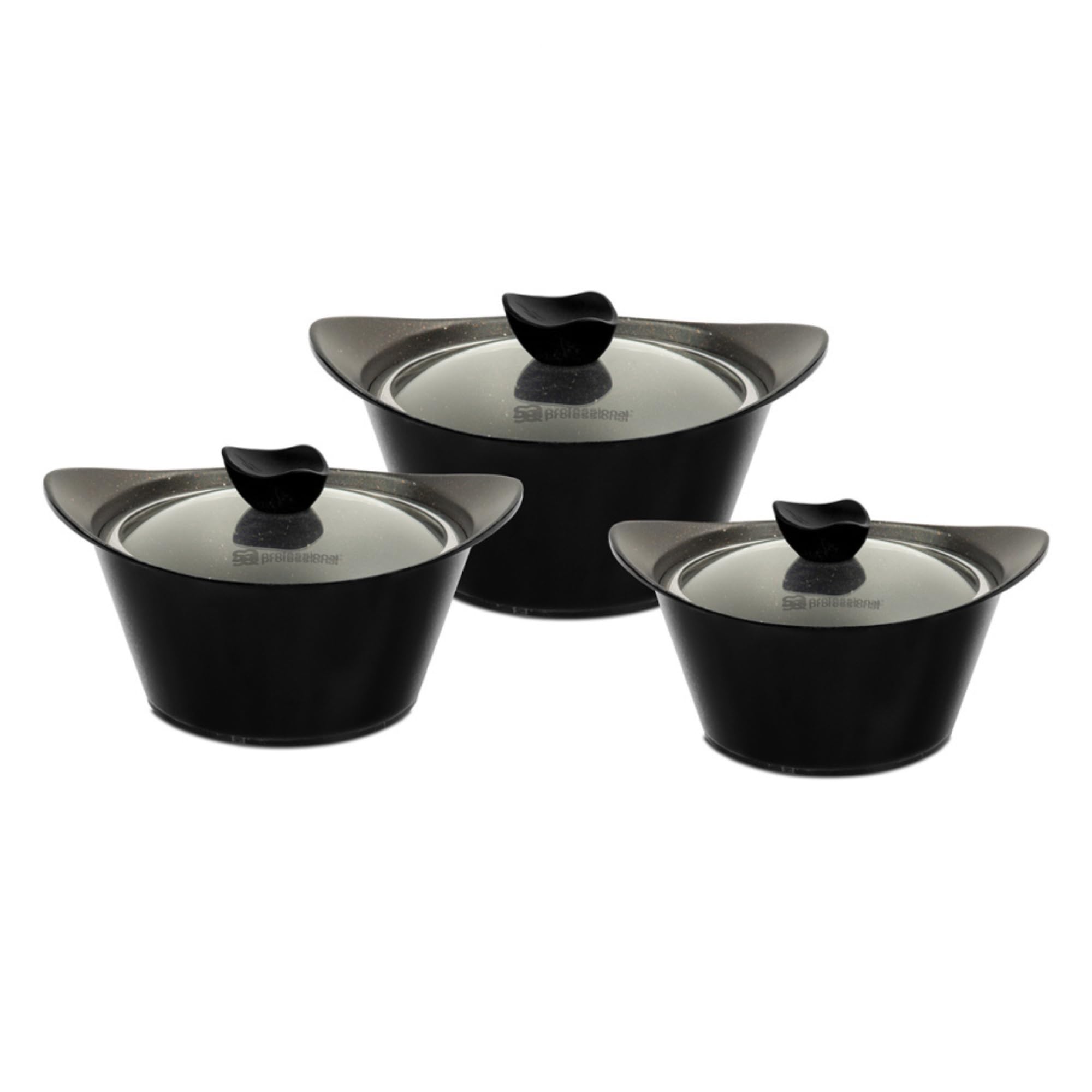 CAIA 3pc Die-cast Non-Stick Marble Coated Stockpot Set with Glass Lids (Black)