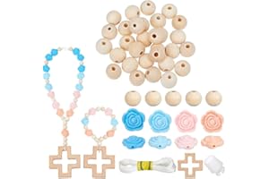 PH PandaHall DIY Cross Baptism Rosary, 78 First Communion Rosary Kit 4 Colors Silicone Flower Beads Wooden Cross Beads Baptis