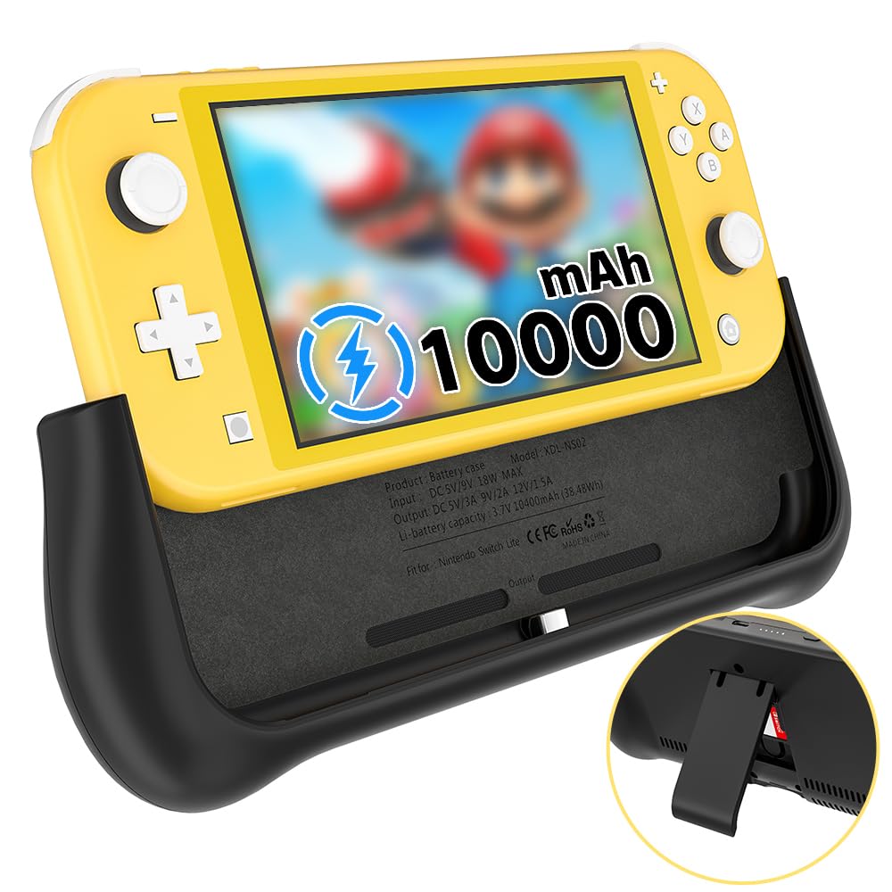 NEWDERY External Battery Station for Nintendo Switch Lite, 10400mAh Backup Portable Charger Case Support PD Quick Charging 2 Extra Game Card Slots Adjustable Kickstand for Switch Lite Battery Pack