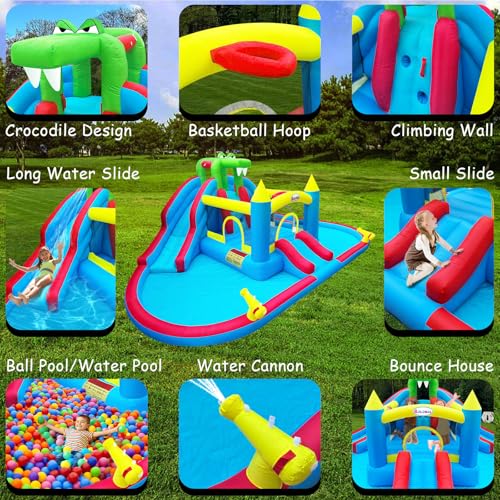 Rolonal Inflatable Bounce House with Water Slides, Double Ball Pit/Water Pool, Crocodile Styling, Climbing Wall, Outdoor Kids Bouncy Castle with Air Blower