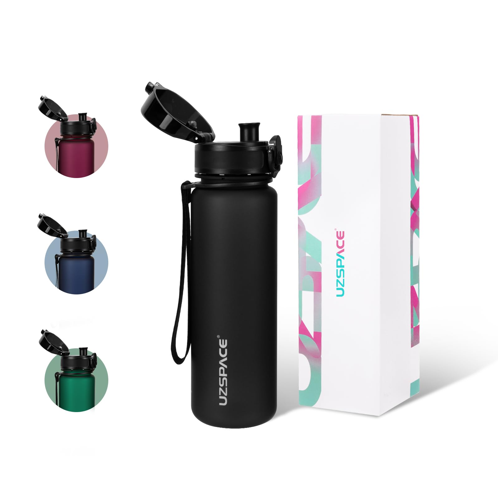 UZSPACE Water Bottle Kids with Strainer - BPA Free Drinking Bottles for Adults - Sports Water Bottle 500ml with Capacity Scale - Daily Water Intake Bottle for School or Fitness & Outdoors Black