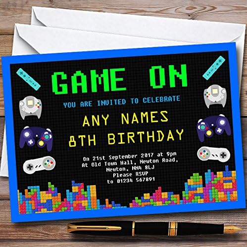 Pack Of Ten Children's Party Invitations - 10 x Video Gaming Blue Personalised Children's Birthday Party Invites