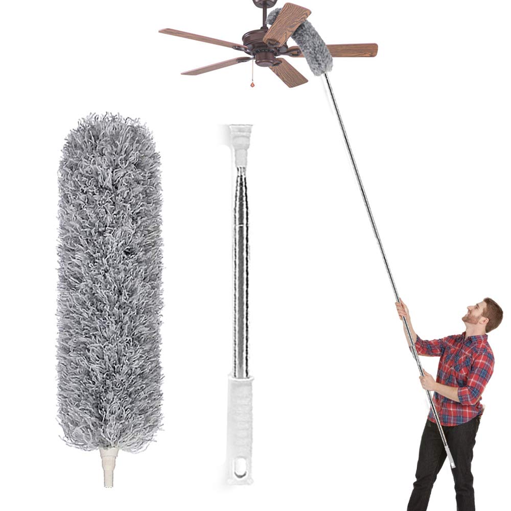 Feather Extendable Telescopic Pole, 100 inches, Microfiber Duster with Washable Bendable Head, for High Ceiling Fans, Blinds, Cobweb, Cars