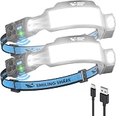 Smiling Shark TS-6 Headlamp, Dual Spotlight with 6X Floodlight &amp; Strobe LED Head Torch Rechargeable 2400mAh Long-Lasting for Camping Hiking Running Jogging (2 Pack)