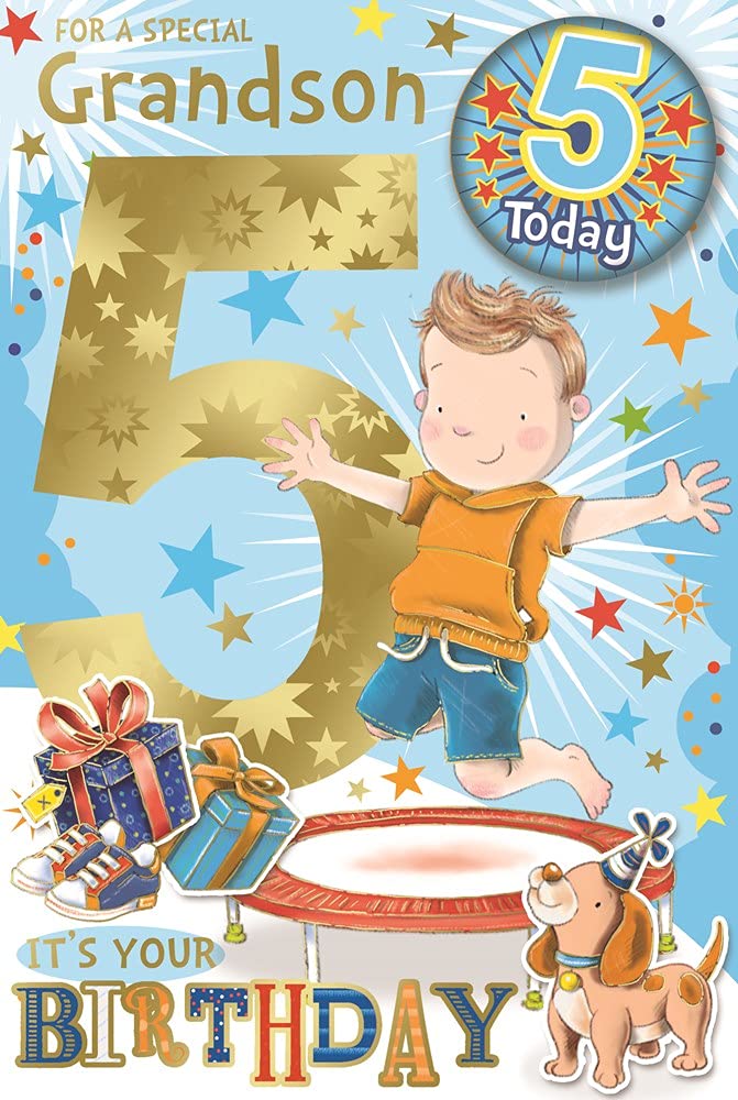 Grandson 5th Birthday Card & Badge - 5 Today Boy on Trampoline with Gold Foil 9" x 6"