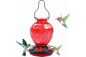 MCHBF Glass Hummingbird Feeder for Outdoors Hanging, 24Ozs Humming Bird Nectar Feeder w/Perch, 5 Flower Feeding Ports, Leak Proof Base and Hook for Outside Garden Backyard Decor, Gifts for Women Mom, Red