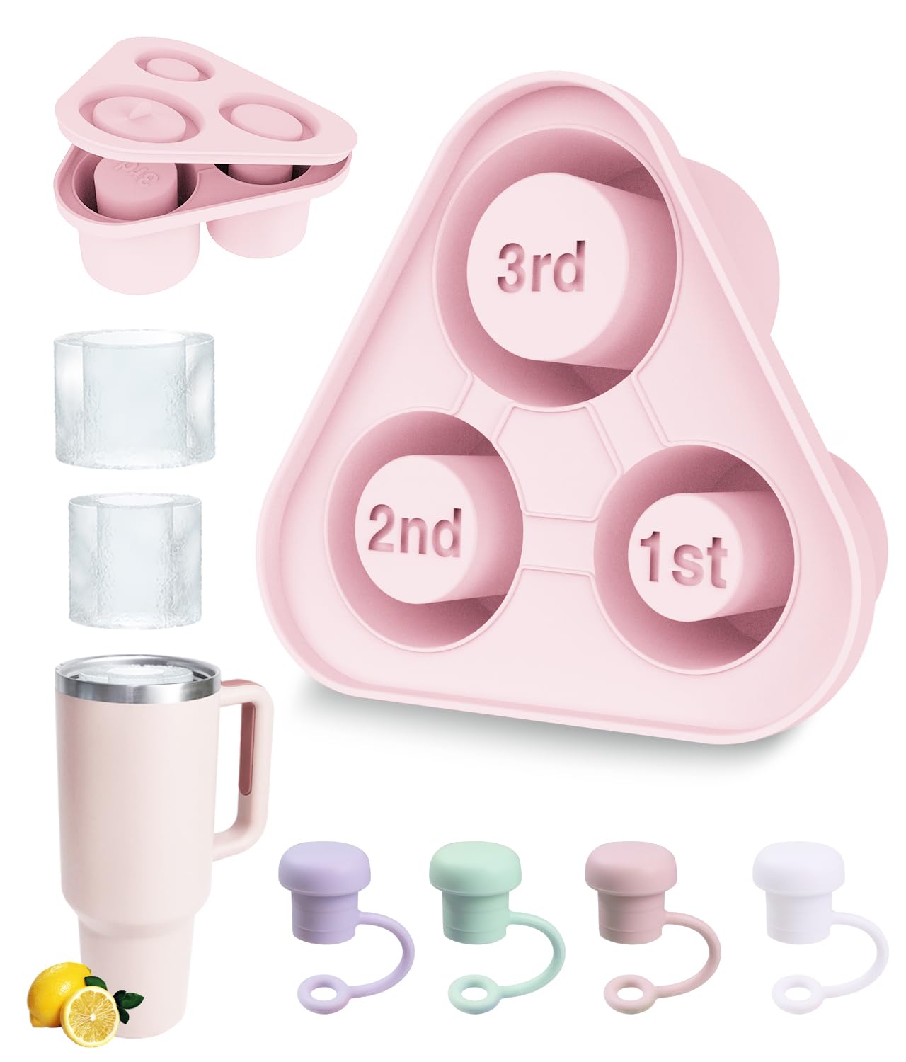Photo 1 of Ice Cube Tray for Stanley 40Oz Tumbler Cup, Silicone Cylinder Ice Cube Shape Mold with Lid and 4 PCS Straw Covers,Fit for Ice Drinks, Tea, Coffee,Whiskey, Cocktails And More (Rose Quartz Pink)