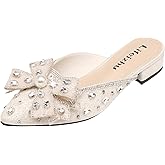 Women's Glitter Rhinestone Bow Low Heels Mules Fashion Pearl Closed Pointed Toe Slip On Comfortable Chunky Heel Clogs for Party Date Prom Wedding Dressy Slides