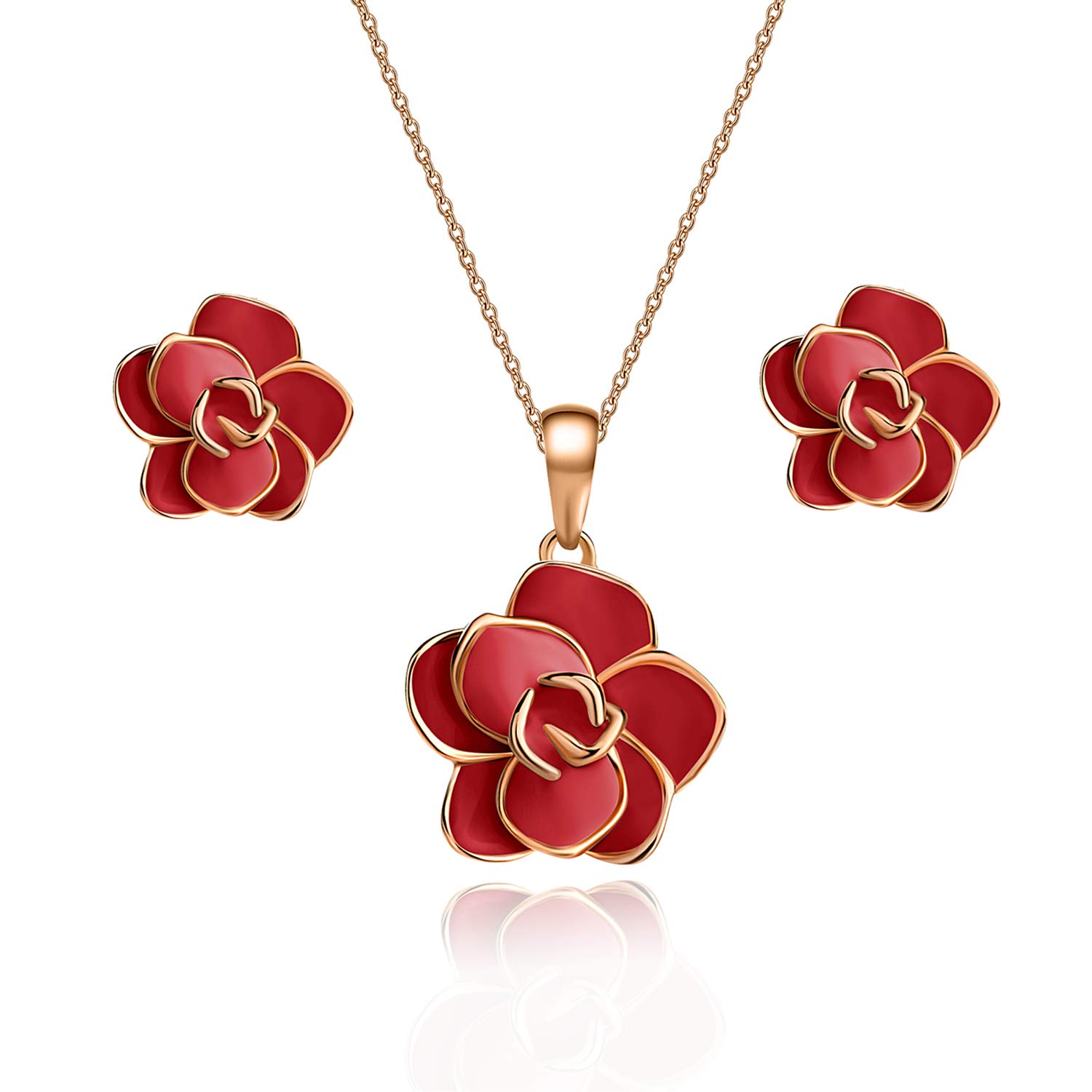 EVEVIC Rose Flower Necklace Earrings Set for Women 18K Gold Plated
