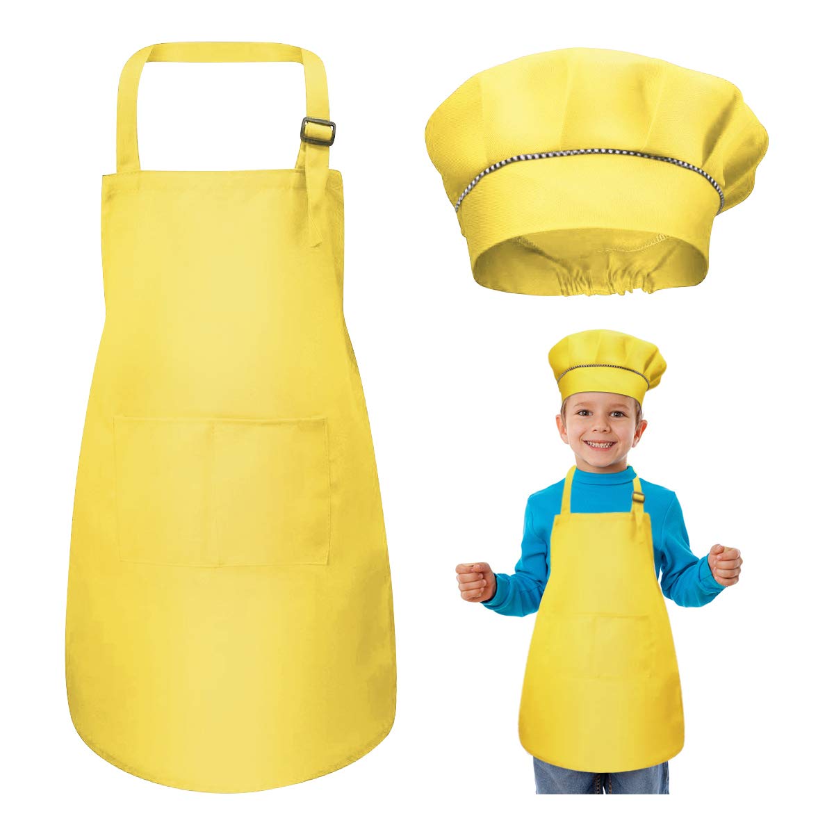 WEONE Kids Apron and Chef Hat Set, Adjustable Children Apron with 2 Pockets for Boys Girls, Toddler Chef Apron Kitchen Garden Bib Aprons for Cooking Baking Painting Crafting (7-13 Year) (Yellow)