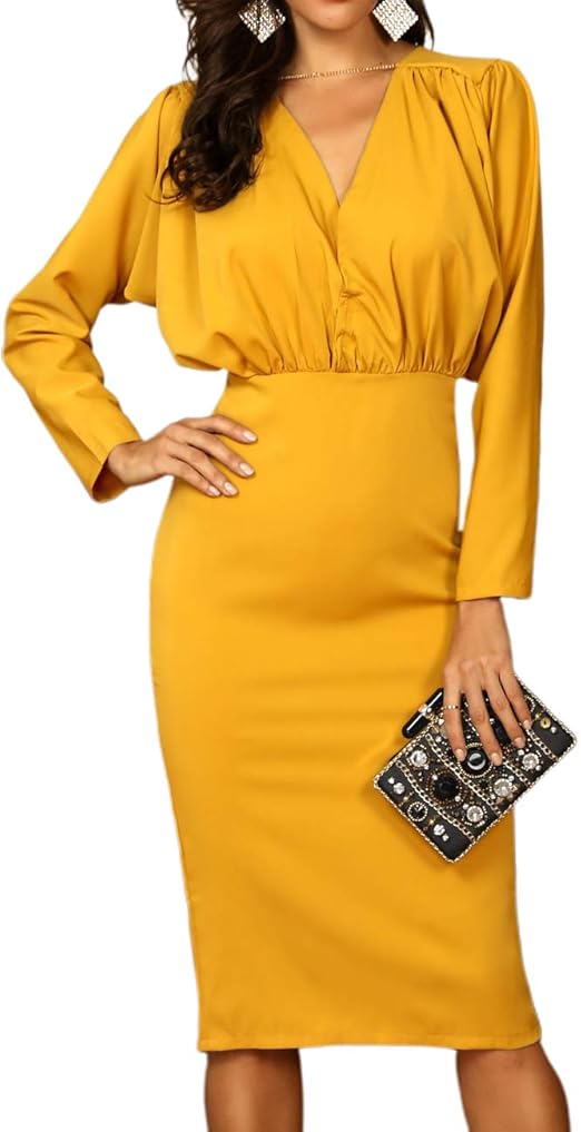 DUBACH Women Fashion Ruched Design Long Sleeve Midi Dress at Amazon