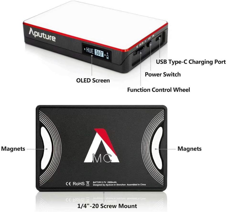 Aputure Amaran MC RGBWW Mini On Camera Video Light, 3200K-6500K, CRI/TLCI 96+, HSI Mode, Support Magnetic Attraction and App with USB-C PD and Wireless Charging : Camera & Photo