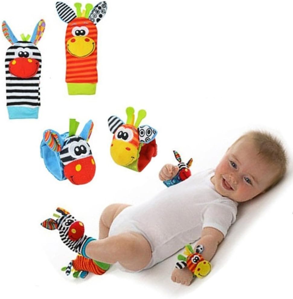 Wskderliner Toddlers Cotton Socks Anti-skid Socks and Animal Wrist Strap with Rattles Inside for baby