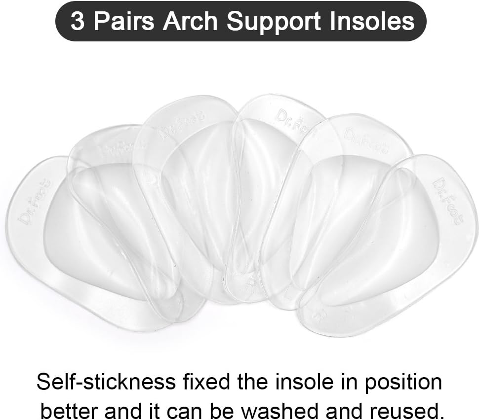 Dr. Foot's Arch Support Shoe Insoles for Flat Feet, Gel Arch Inserts for Plantar Fasciitis, Adhesive Arch Pad for Relieve Pressure and Feet Pain- 3 Pairs (Clear): Health & Personal Care