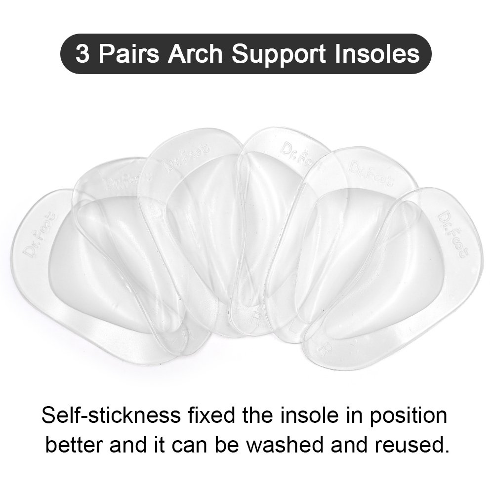 Dr. Foot's Arch Support Shoe Insoles for Flat Feet, Gel Arch Inserts for Plantar Fasciitis, Adhesive Arch Pad for Relieve Pressure and Feet Pain- 3 Pairs (Clear, 3 Count (Pack of 1))