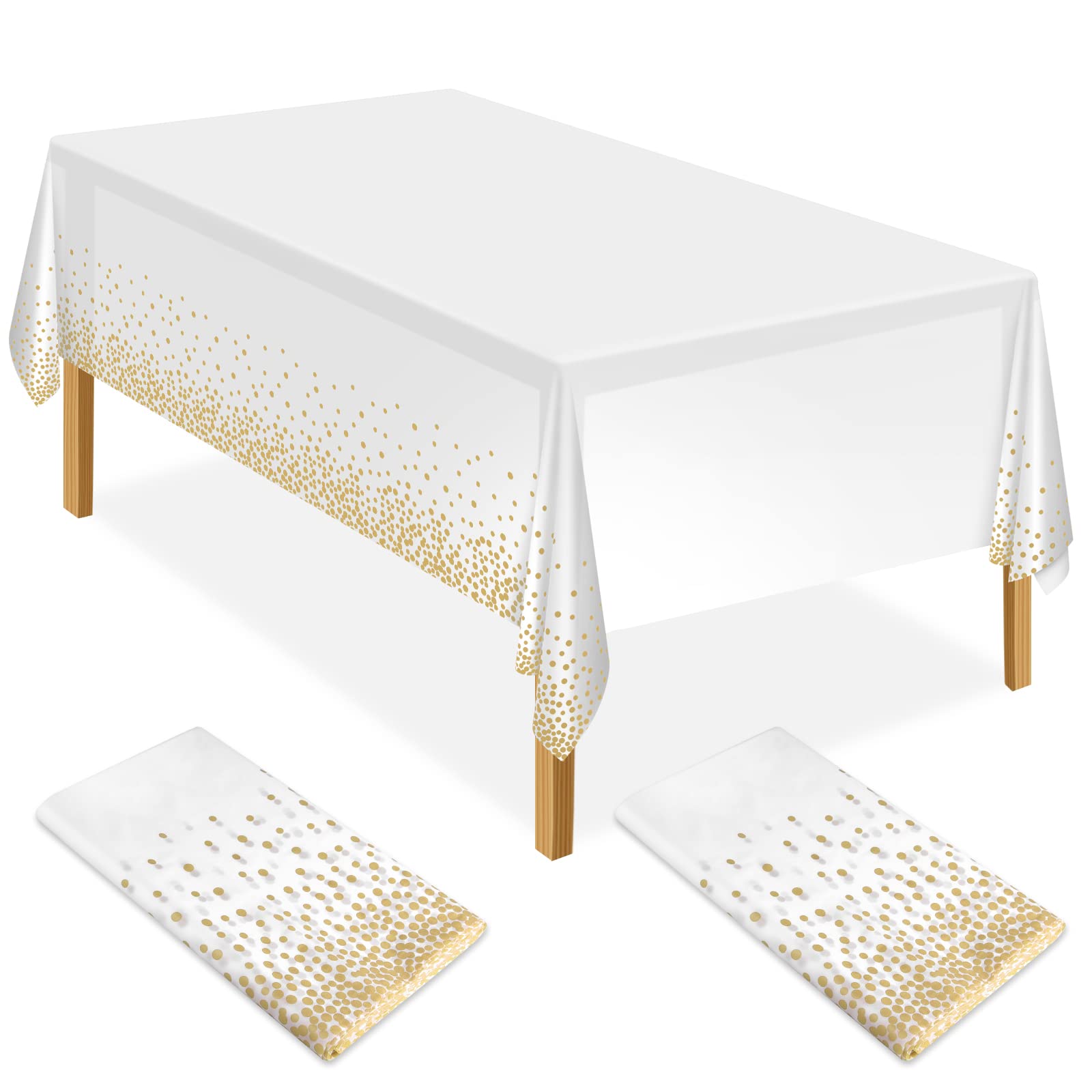 ELECLAND 2Pcs White and Gold Party Tablecloth Plastic Tablecloth 137x274cm Gold Dot Confetti Table Cover Rectangular Party Table Cover for Picnic, Baby Shower, Halloween, Christmas
