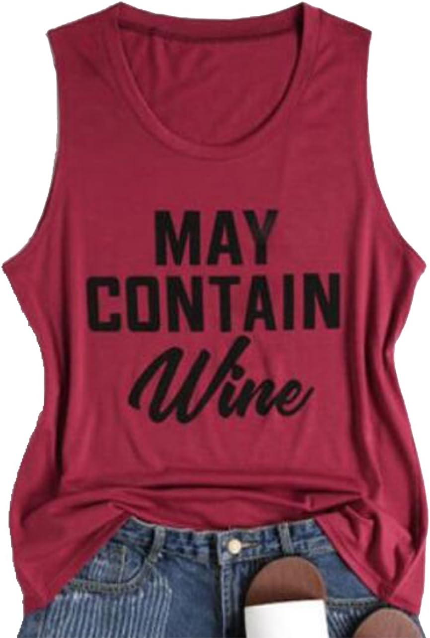 DUTUT Women May Contain Wine Letters Print Sleeveless Tank Tops Casual T-Shirt Tees