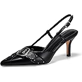 Coutgo Womens Slingback Kitten Heels Studded Closed Pointed Toe Pumps with Buckle Party Dress Shoes