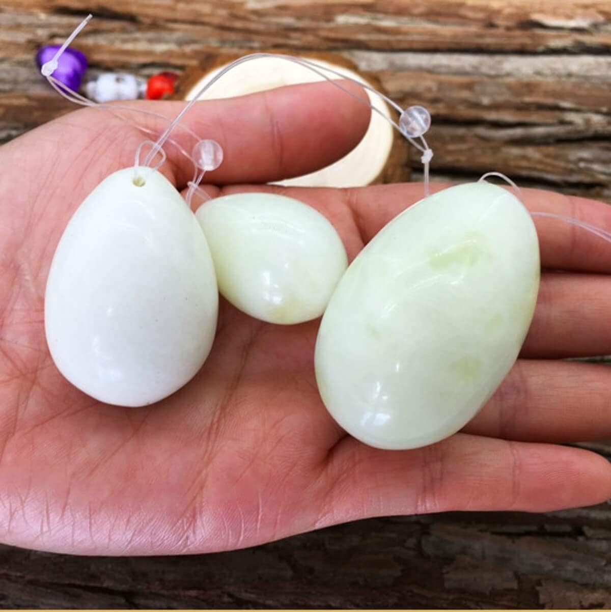 Jade Yoni Egg for Women, Predrilled with Unwaxed String for Pelvic Muscle Kegel Exercise Genuine Natural Nephrite Egg Set of 3 Gift Pack