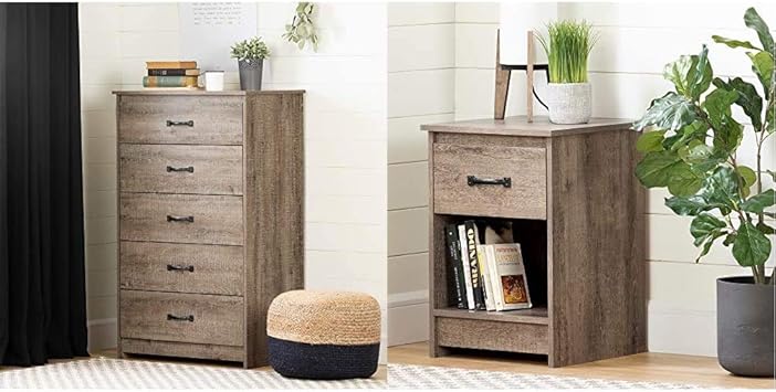 Amazon Com South Shore Tassio 5 Drawer Chest Weathered Oak Tassio 1 Drawer Nightstand Weathered Oak Furniture Decor