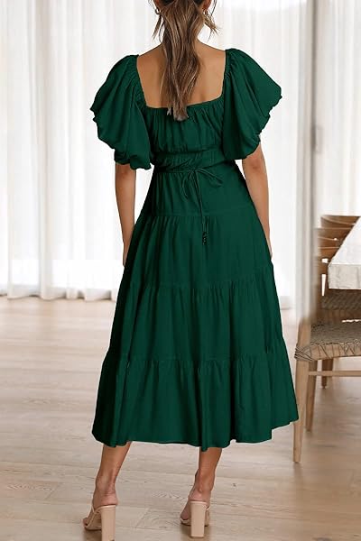 LILLUSORY WOMENS GREEN OFF THE SHOULDER PUFF SLEEVE 2023 SMOCKED BABYDOLL FLOWY BOHO MIDI TRENDY SPRING SUMMER SMOCKED DRESS