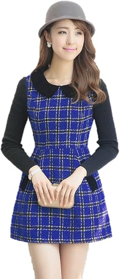 Amazon チェック柄ワンピース 襟付き ミニ ウエストスリム ａライン 格子柄 長袖 ニットワンピ クマのぬいぐるみ付き K 860 L ワンピース チュニック 通販