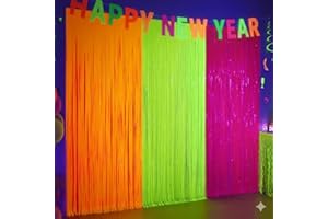 MEGA-LOOPOLIS Mega-L Glow in The Dark Party Supplies, 3 Pack Neon Party Decorations 9.9 x 6.6 ft Fluorescent Tinsel Foil Fringe Curtains, Neon Backdrop Streamer for Birthday, Weeding, New Years Eve Party Supplies