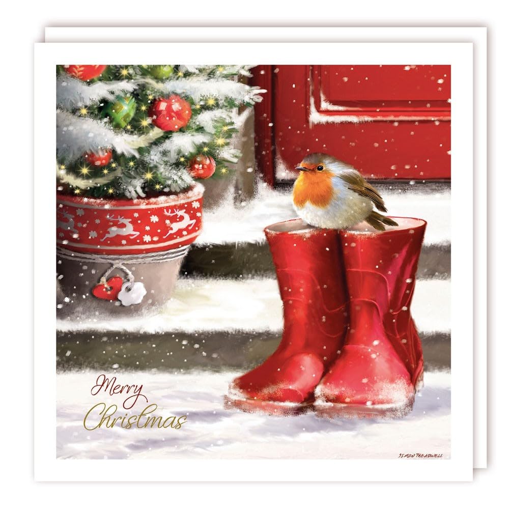 Tracks Publishing Christmas Cards Pack of 10 - Red Robin sat on Snowy Welly Boots - Eco-Friendly & Recyclable